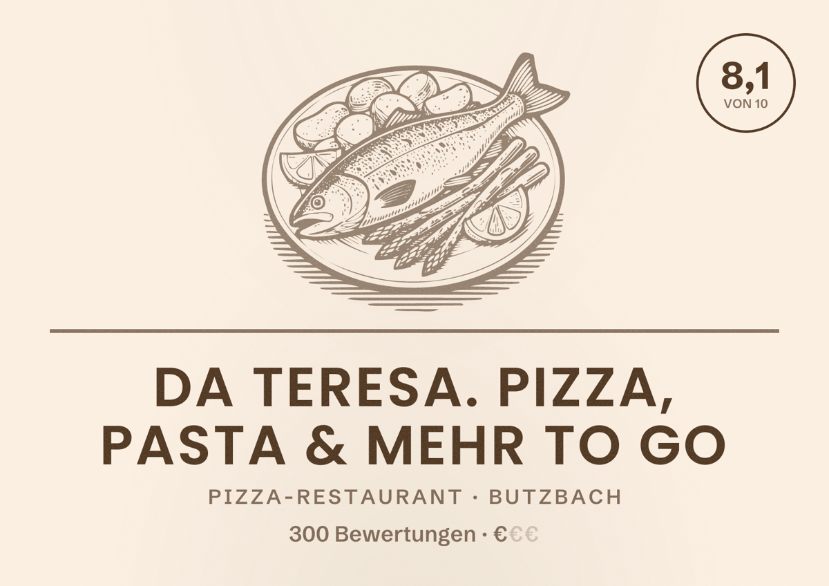 Illustriertes Poster von Da Teresa. Pizza, Pasta & mehr to go, Pizza-Restaurant in Butzbach: Bewertung 8,1 von 10 aus 300 Bewertungen, Preisniveau €