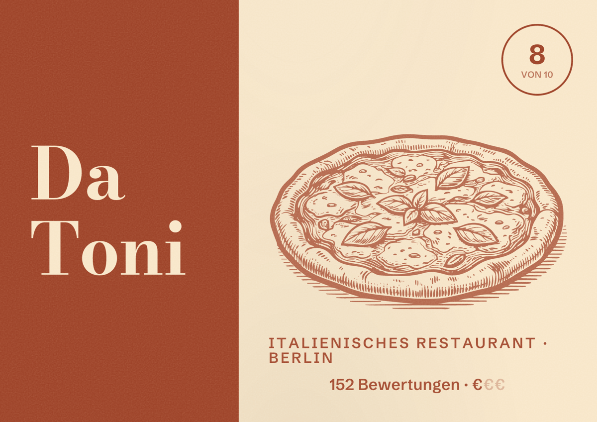 Illustriertes Poster von Da Toni, Italienisches Restaurant in Berlin: Bewertung 8,0 von 10 aus 152 Bewertungen, Preisniveau €