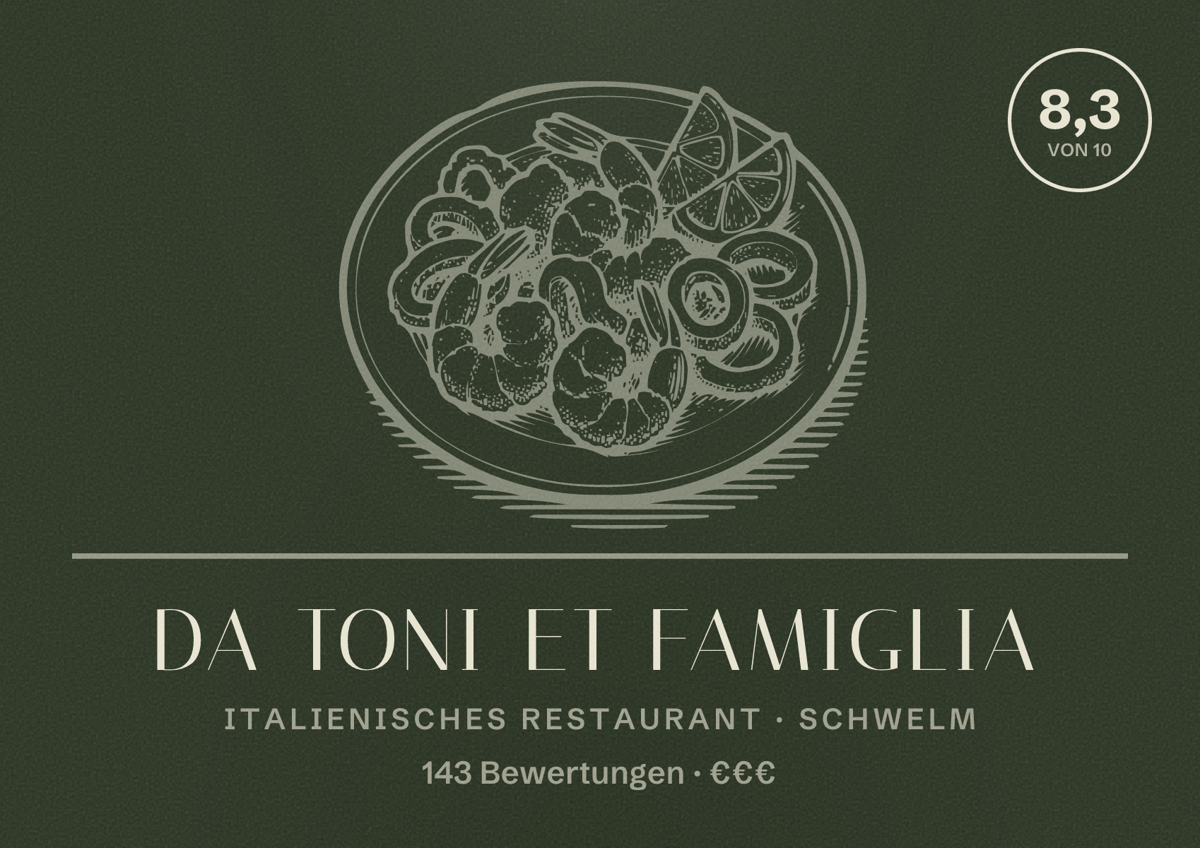 Illustriertes Poster von Da Toni et famiglia, Italienisches Restaurant in Schwelm: Bewertung 8,3 von 10 aus 143 Bewertungen, Preisniveau €€€