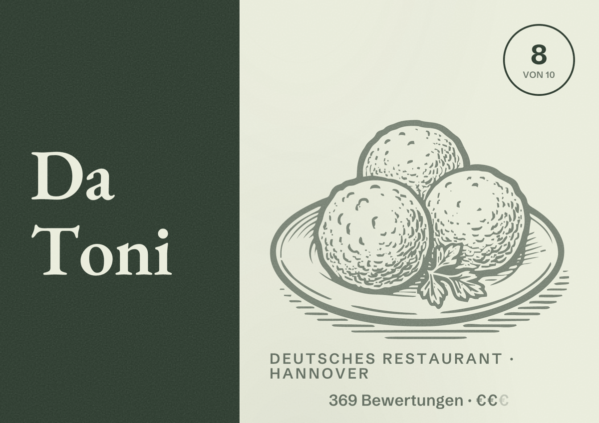 Illustriertes Poster von Da Toni, Deutsches Restaurant in Hannover: Bewertung 8,0 von 10 aus 369 Bewertungen, Preisniveau €€