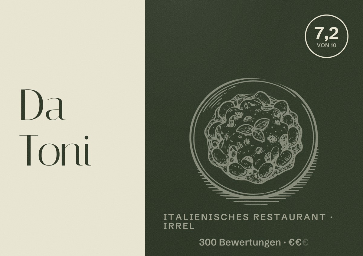 Illustriertes Poster von Da Toni, Italienisches Restaurant in Irrel: Bewertung 7,2 von 10 aus 300 Bewertungen, Preisniveau €€