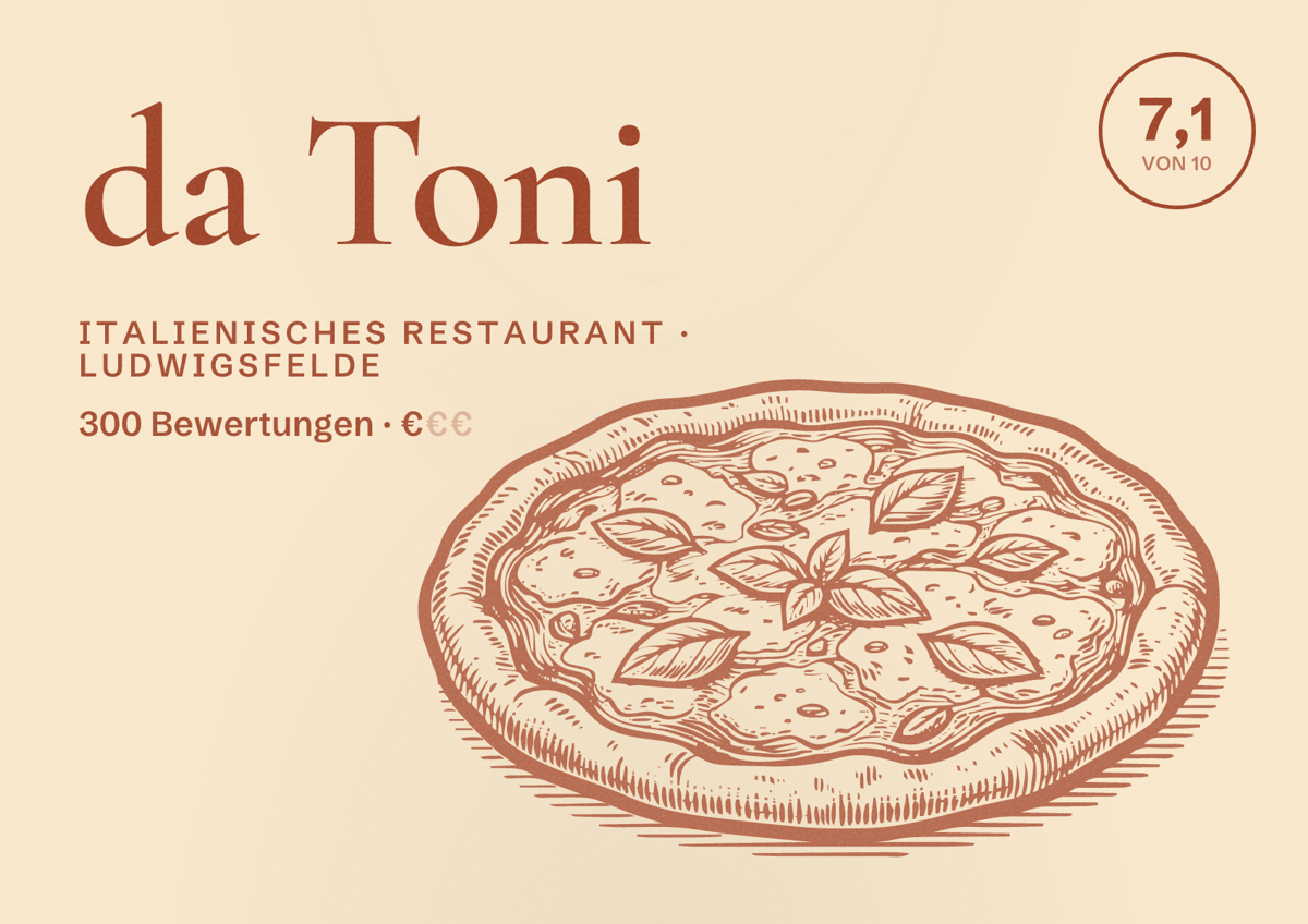 Illustriertes Poster von da Toni, Italienisches Restaurant in Ludwigsfelde: Bewertung 7,1 von 10 aus 300 Bewertungen, Preisniveau €