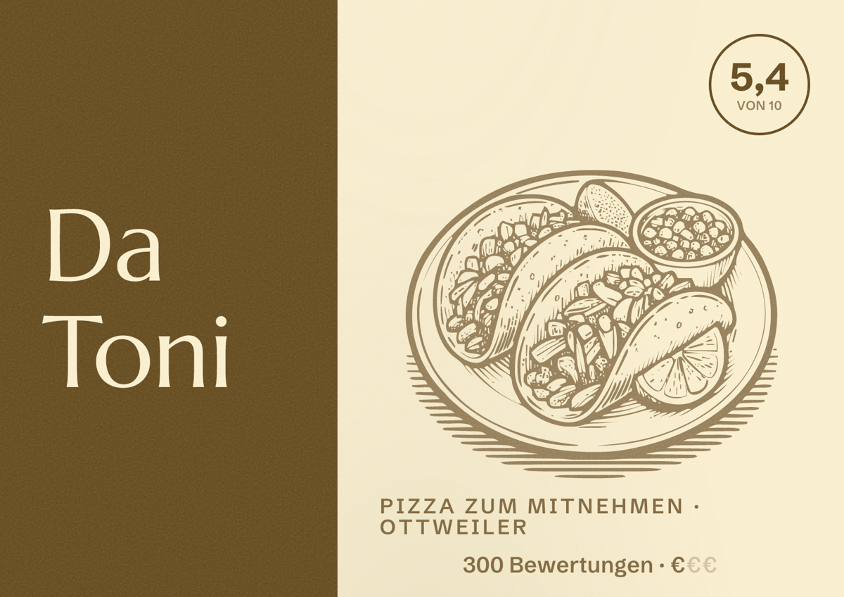 Illustriertes Poster von Da Toni, Pizza zum Mitnehmen in Ottweiler: Bewertung 5,4 von 10 aus 300 Bewertungen, Preisniveau €