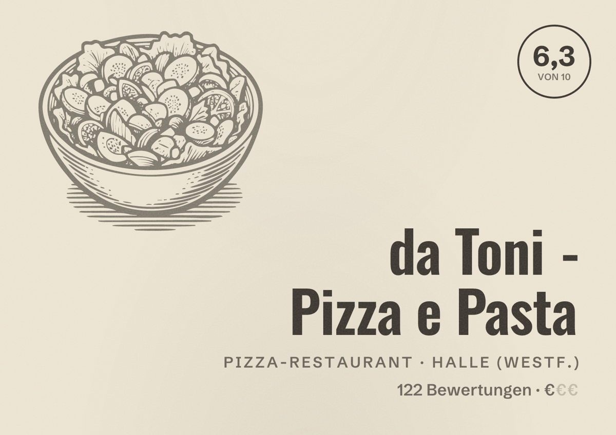 Illustriertes Poster von da Toni - Pizza e Pasta, Pizza-Restaurant in Halle (Westf.): Bewertung 6,3 von 10 aus 122 Bewertungen, Preisniveau €
