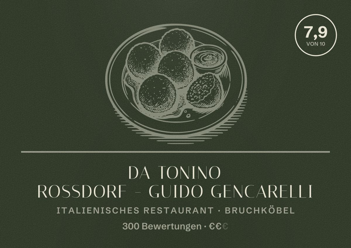 Illustriertes Poster von Da Tonino Rossdorf - Guido Gencarelli, Italienisches Restaurant in Bruchköbel: Bewertung 7,9 von 10 aus 300 Bewertungen, Preisniveau €€