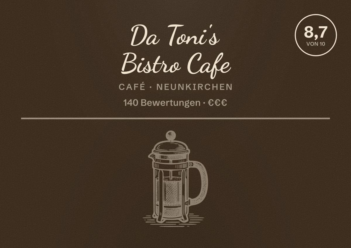 Illustriertes Poster von Da Toni's Bistro Cafe, Café in Neunkirchen: Bewertung 8,7 von 10 aus 140 Bewertungen, Preisniveau €€€