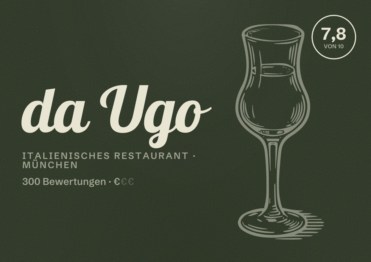 Illustriertes Poster von da Ugo, Italienisches Restaurant in München: Bewertung 7,8 von 10 aus 300 Bewertungen, Preisniveau €
