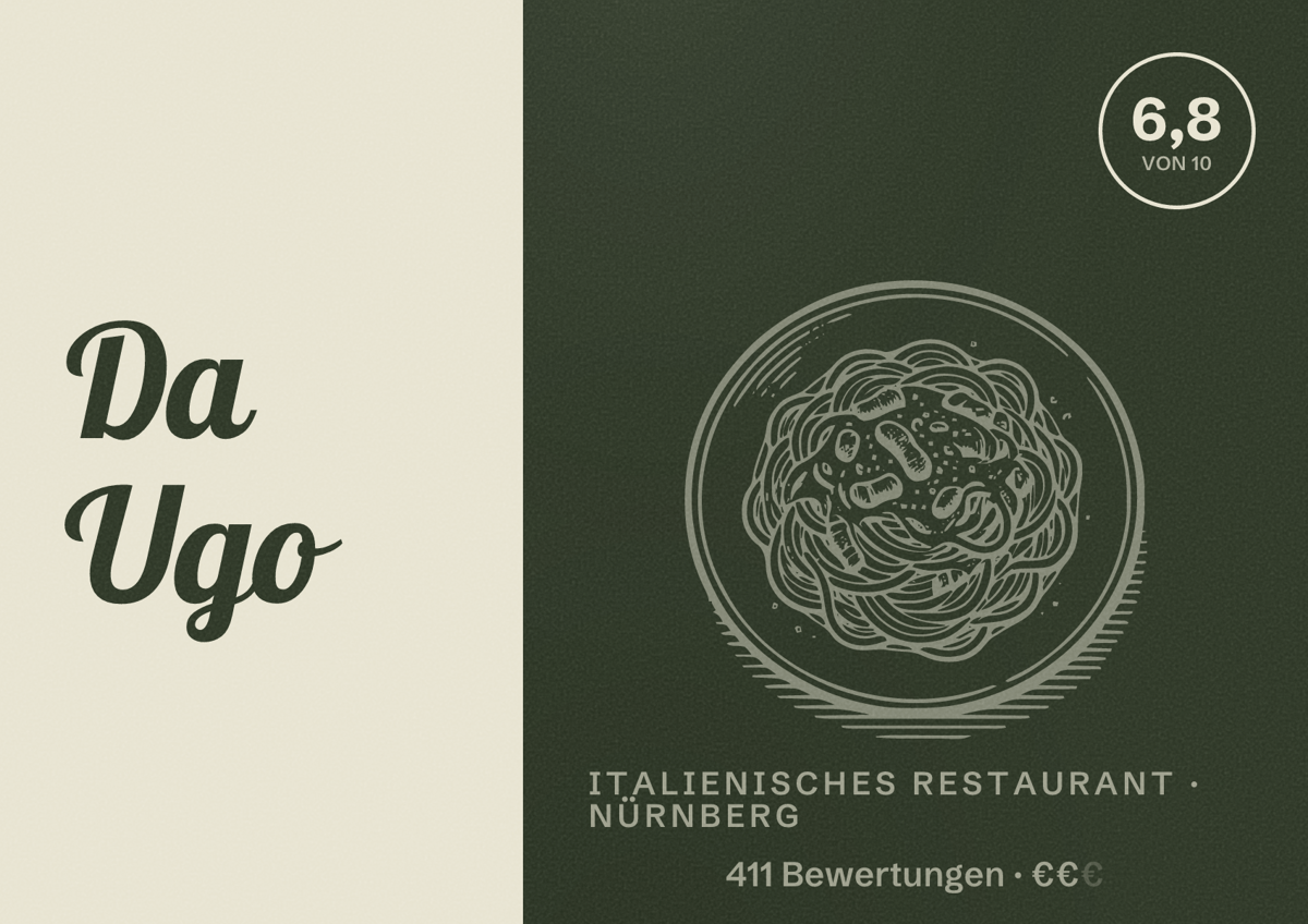 Illustriertes Poster von Da Ugo, Italienisches Restaurant in Nürnberg: Bewertung 6,8 von 10 aus 411 Bewertungen, Preisniveau €€