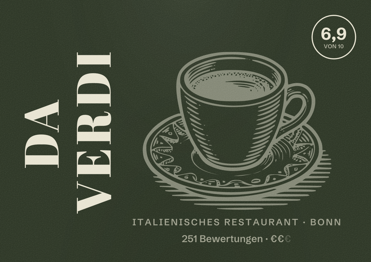 Illustriertes Poster von Da Verdi, Italienisches Restaurant in Bonn: Bewertung 6,9 von 10 aus 251 Bewertungen, Preisniveau €€