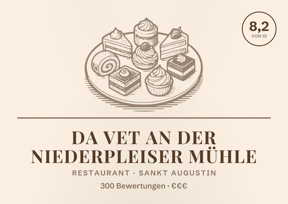 Illustriertes Poster von Da Vet an der Niederpleiser Mühle, Restaurant in Sankt Augustin: Bewertung 8,2 von 10 aus 300 Bewertungen, Preisniveau €€€