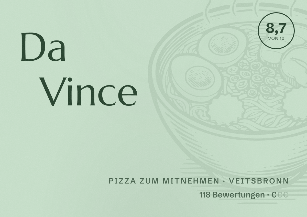 Illustriertes Poster von Da Vince, Pizza zum Mitnehmen in Veitsbronn: Bewertung 8,7 von 10 aus 118 Bewertungen, Preisniveau €