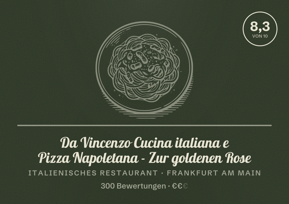 Illustriertes Poster von Da Vincenzo Cucina italiana e Pizza Napoletana - Zur goldenen Rose, Italienisches Restaurant in Frankfurt am Main: Bewertung 8,3 von 10 aus 300 Bewertungen, Preisniveau €€
