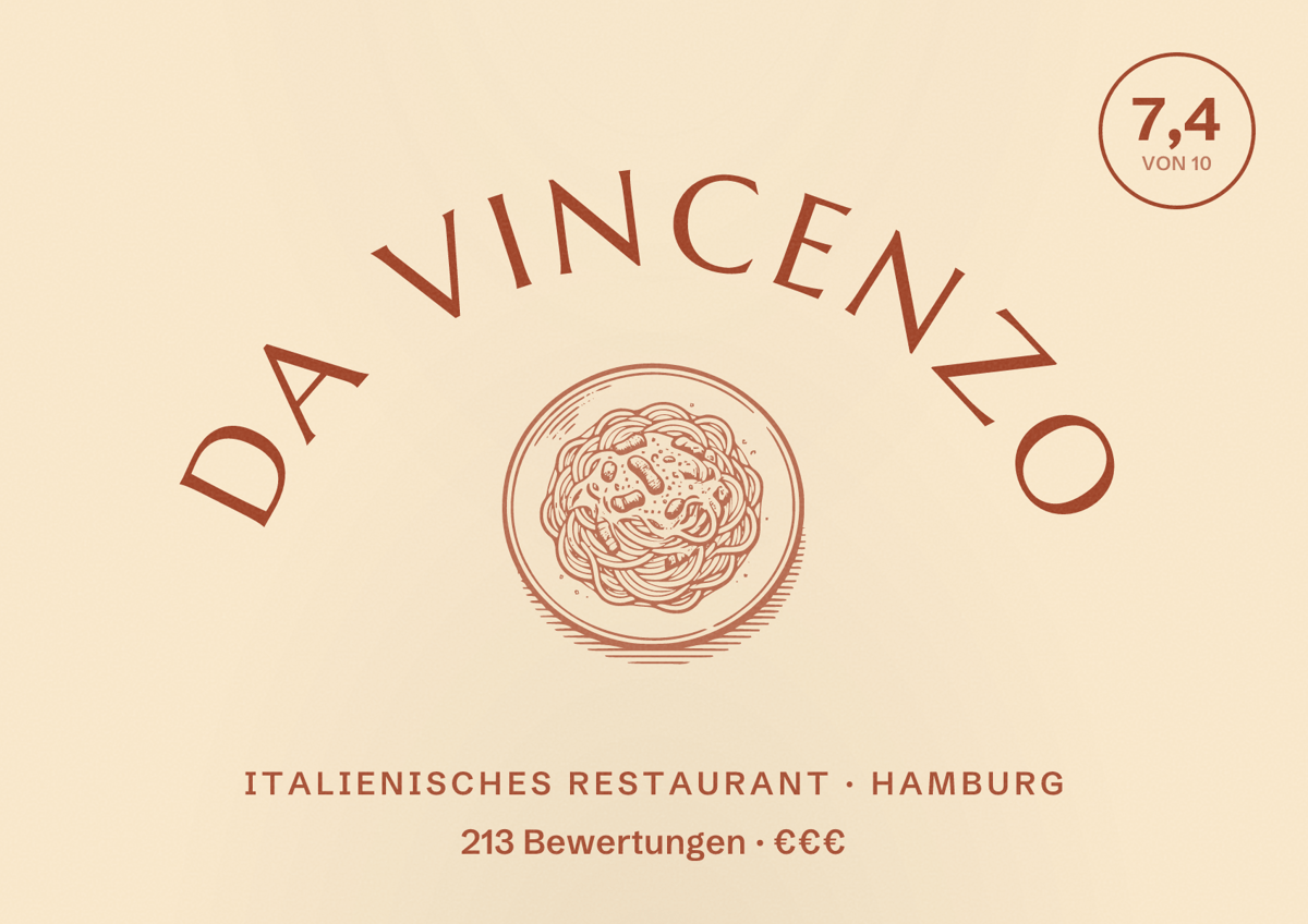Illustriertes Poster von Da Vincenzo, Italienisches Restaurant in Hamburg: Bewertung 7,4 von 10 aus 213 Bewertungen, Preisniveau €€€