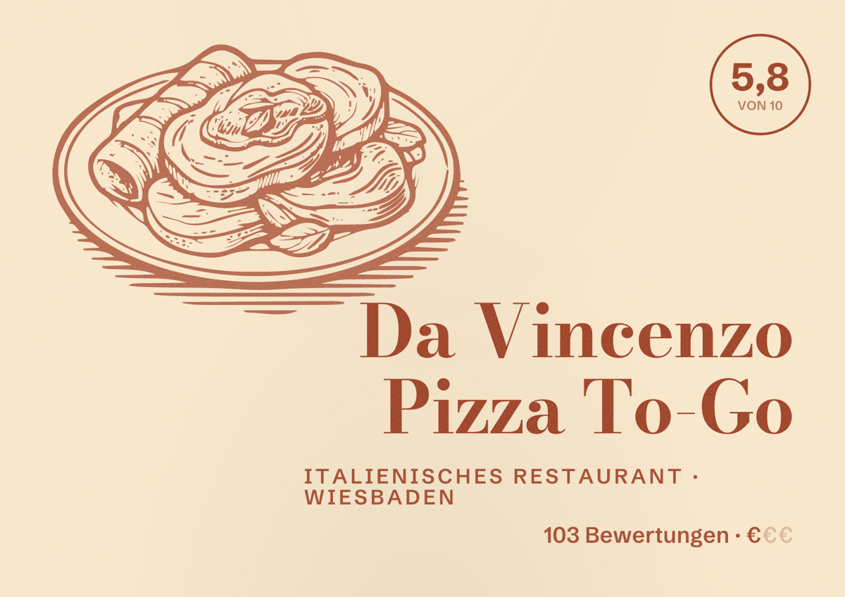 Illustriertes Poster von Da Vincenzo Pizza To-Go, Italienisches Restaurant in Wiesbaden: Bewertung 5,8 von 10 aus 103 Bewertungen, Preisniveau €