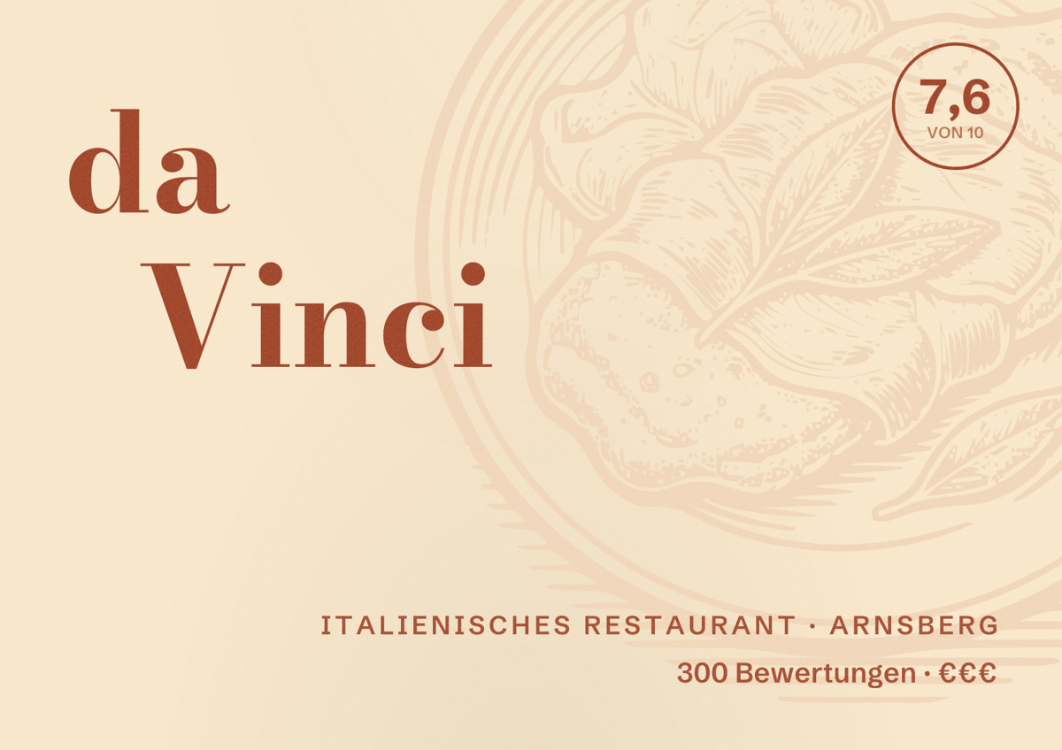 Illustriertes Poster von da Vinci, Italienisches Restaurant in Arnsberg: Bewertung 7,6 von 10 aus 300 Bewertungen, Preisniveau €€€