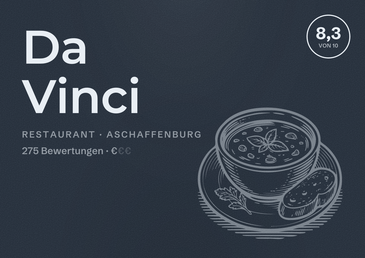 Illustriertes Poster von Da Vinci, Restaurant in Aschaffenburg: Bewertung 8,3 von 10 aus 275 Bewertungen, Preisniveau €