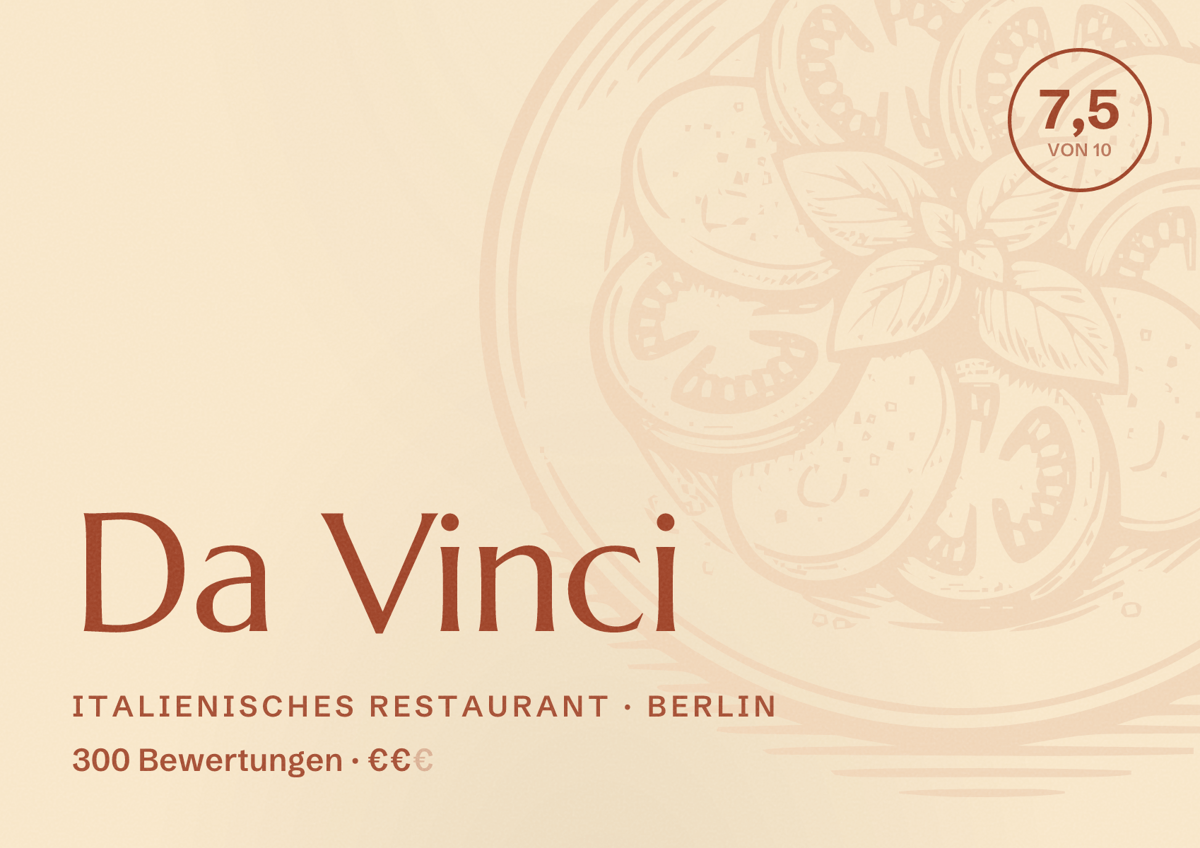 Illustriertes Poster von Da Vinci, Italienisches Restaurant in Berlin: Bewertung 7,5 von 10 aus 300 Bewertungen, Preisniveau €€