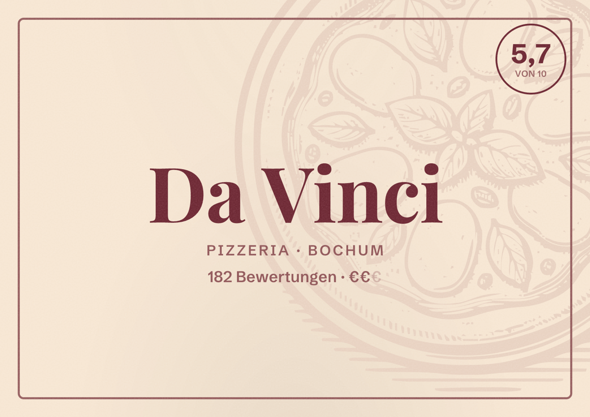 Illustriertes Poster von Da Vinci, Pizzeria in Bochum: Bewertung 5,7 von 10 aus 182 Bewertungen, Preisniveau €€