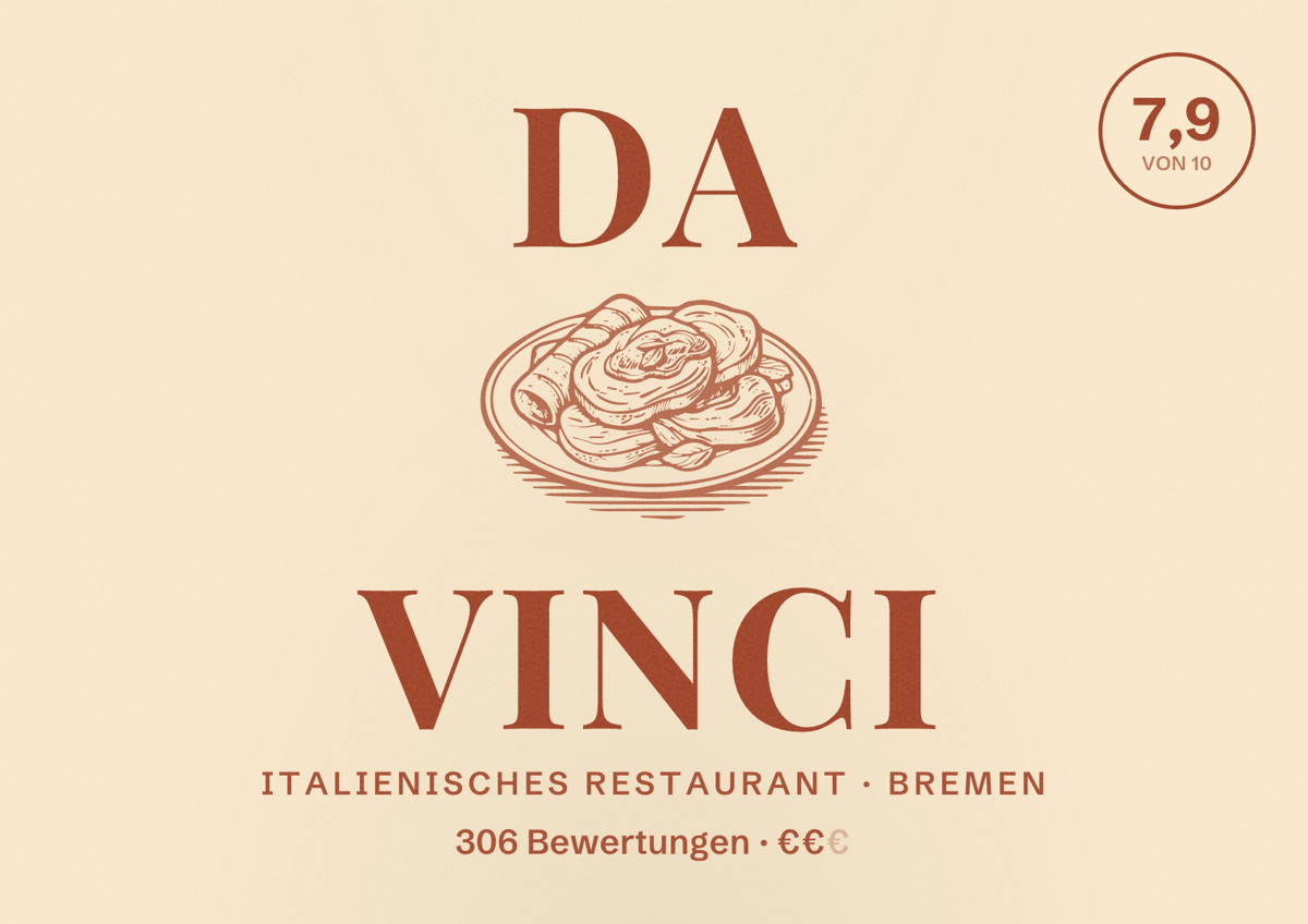 Illustriertes Poster von Da Vinci, Italienisches Restaurant in Bremen: Bewertung 7,9 von 10 aus 306 Bewertungen, Preisniveau €€