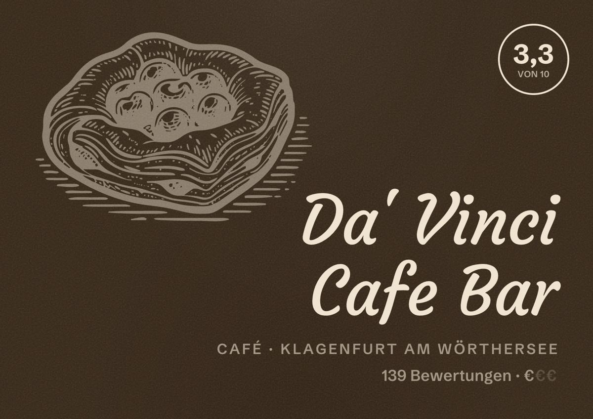 Illustriertes Poster von Da' Vinci Cafe Bar, Café in Klagenfurt am Wörthersee: Bewertung 3,3 von 10 aus 139 Bewertungen, Preisniveau €