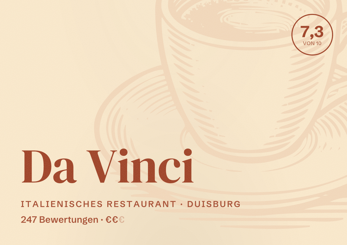 Illustriertes Poster von Da Vinci, Italienisches Restaurant in Duisburg: Bewertung 7,3 von 10 aus 247 Bewertungen, Preisniveau €€