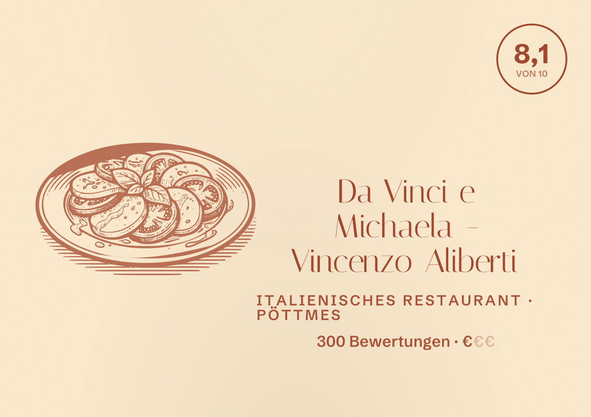 Illustriertes Poster von Da Vinci e Michaela - Vincenzo Aliberti, Italienisches Restaurant in Pöttmes: Bewertung 8,1 von 10 aus 300 Bewertungen, Preisniveau €