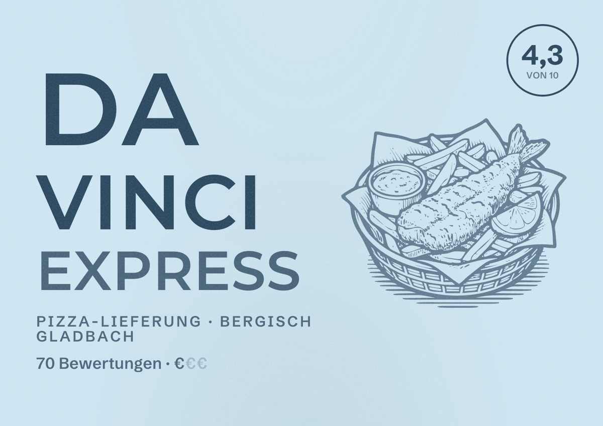 Illustriertes Poster von da Vinci Express, Pizza-Lieferung in Bergisch Gladbach: Bewertung 4,3 von 10 aus 70 Bewertungen, Preisniveau €