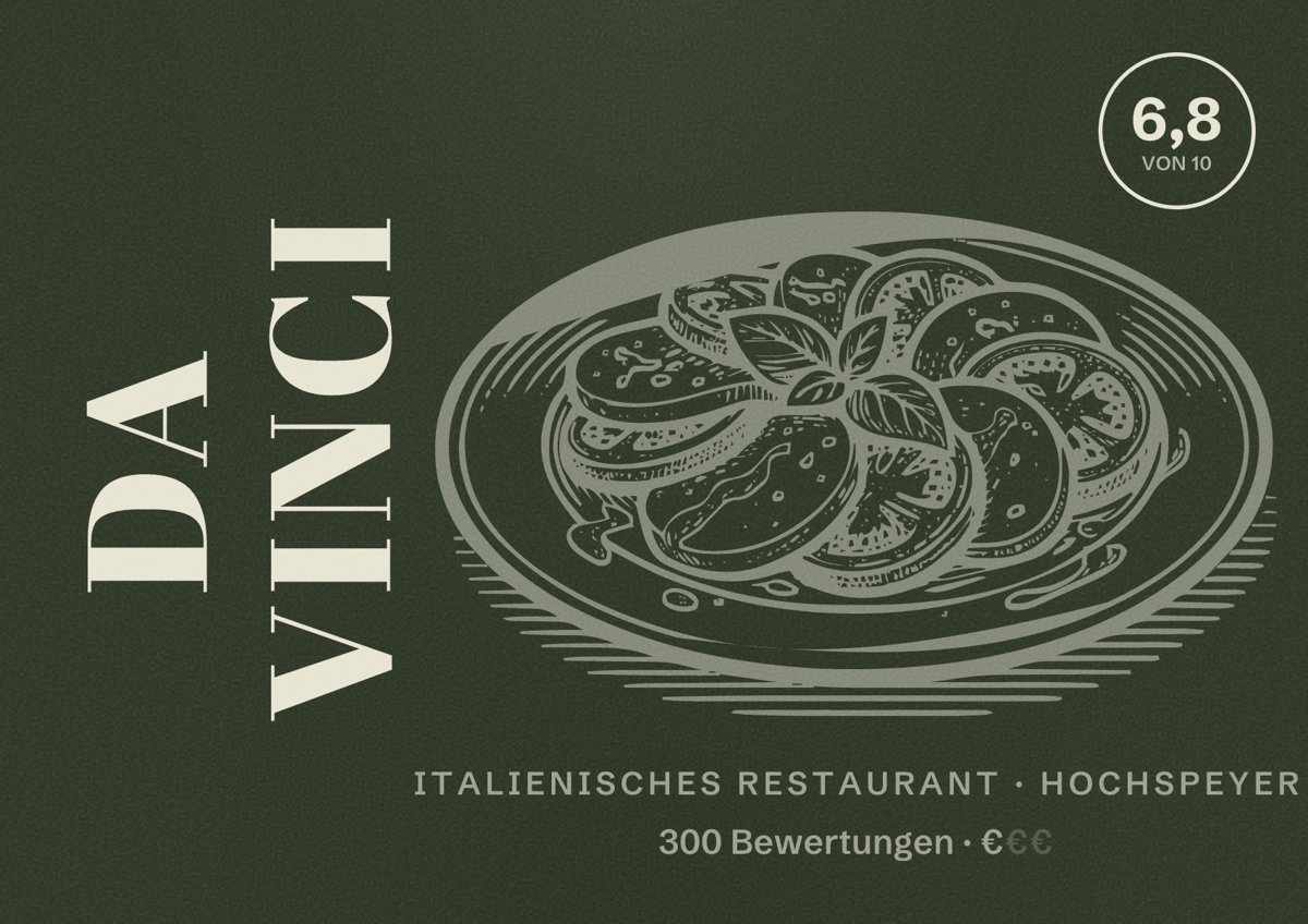Illustriertes Poster von Da Vinci, Italienisches Restaurant in Hochspeyer: Bewertung 6,8 von 10 aus 300 Bewertungen, Preisniveau €