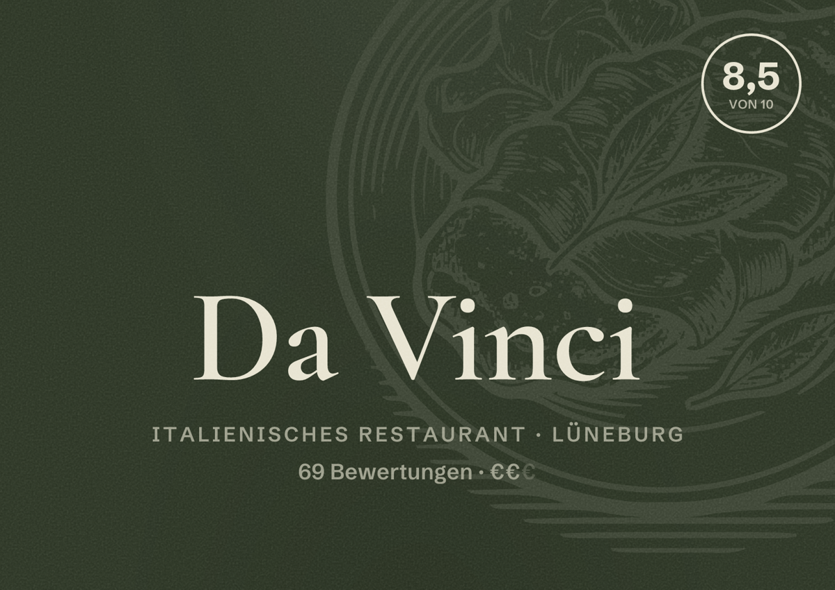 Illustriertes Poster von Da Vinci, Italienisches Restaurant in Lüneburg: Bewertung 8,5 von 10 aus 69 Bewertungen, Preisniveau €€