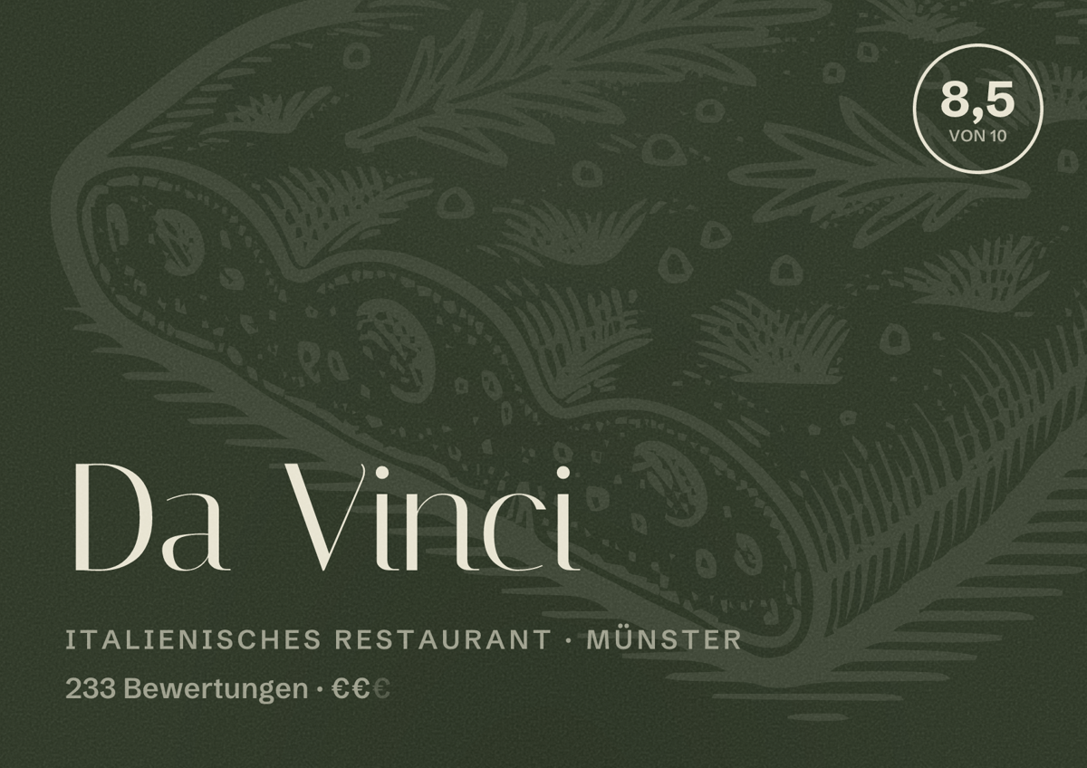 Illustriertes Poster von Da Vinci, Italienisches Restaurant in Münster: Bewertung 8,5 von 10 aus 233 Bewertungen, Preisniveau €€