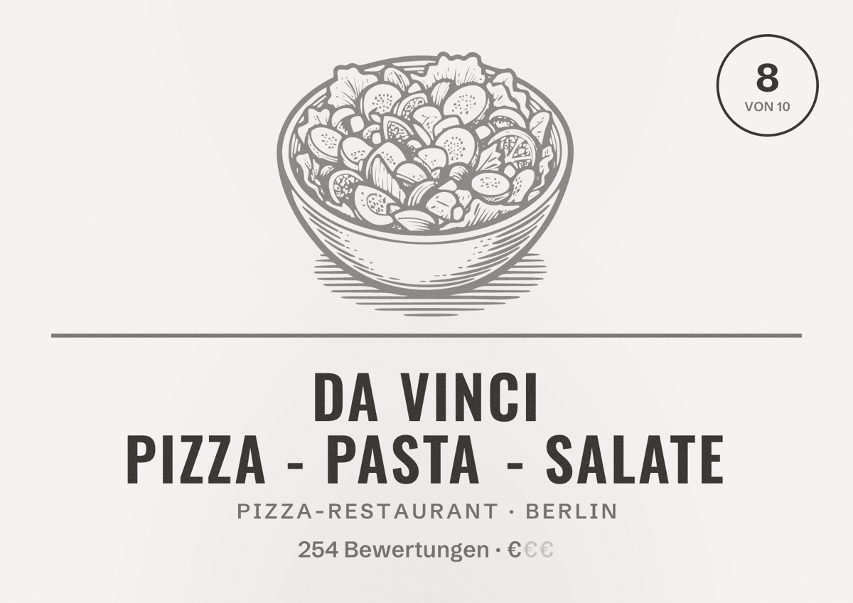 Illustriertes Poster von Da Vinci Pizza - Pasta - Salate, Pizza-Restaurant in Berlin: Bewertung 8,0 von 10 aus 254 Bewertungen, Preisniveau €