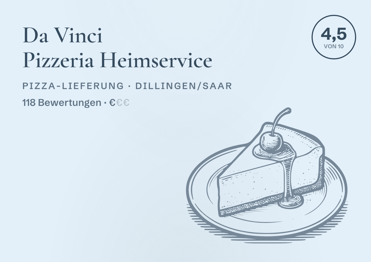 Illustriertes Poster von Da Vinci Pizzeria Heimservice, Pizza-Lieferung in Dillingen/Saar: Bewertung 4,5 von 10 aus 118 Bewertungen, Preisniveau €