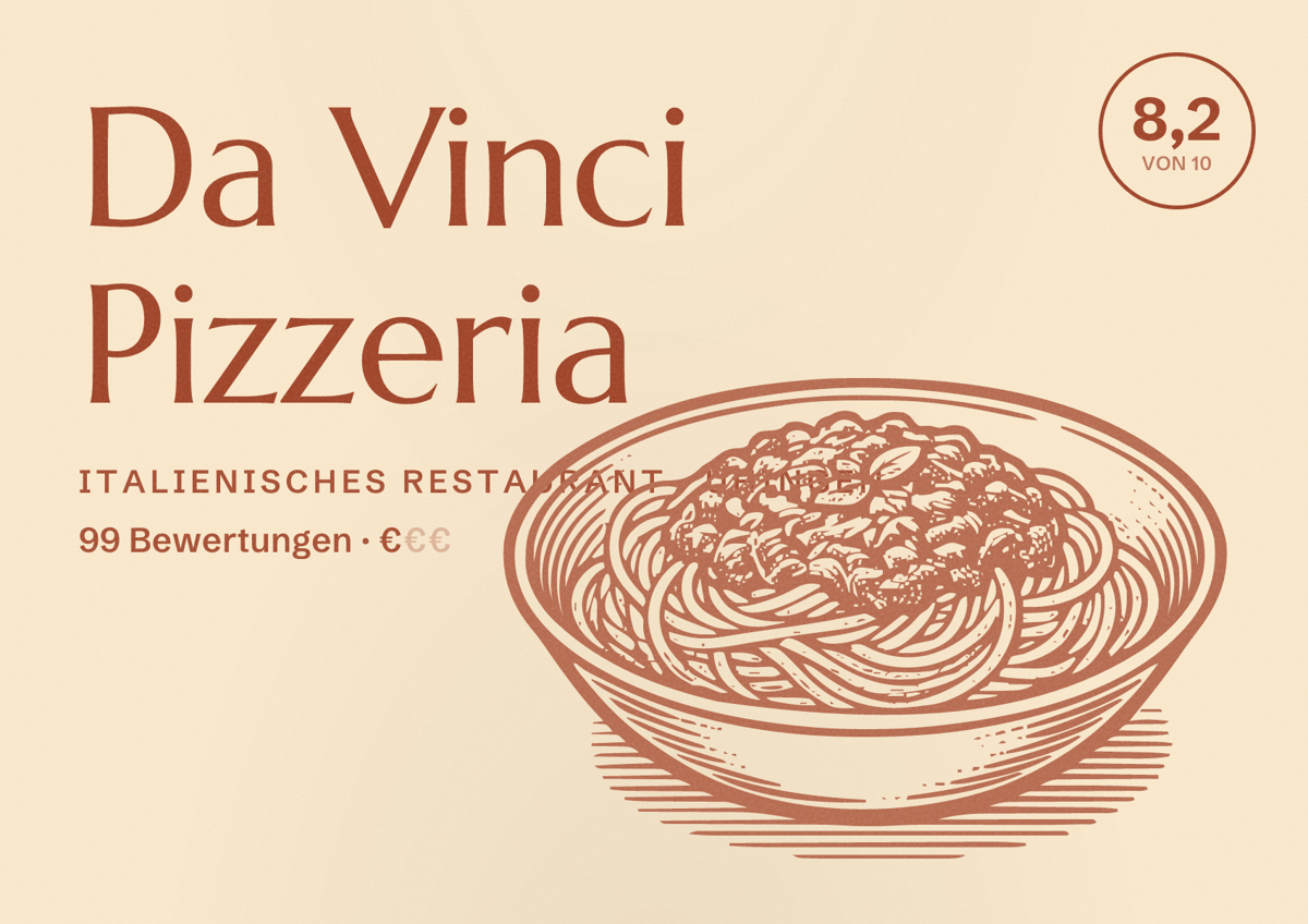 Illustriertes Poster von Da Vinci Pizzeria, Italienisches Restaurant in Uhingen: Bewertung 8,2 von 10 aus 99 Bewertungen, Preisniveau €