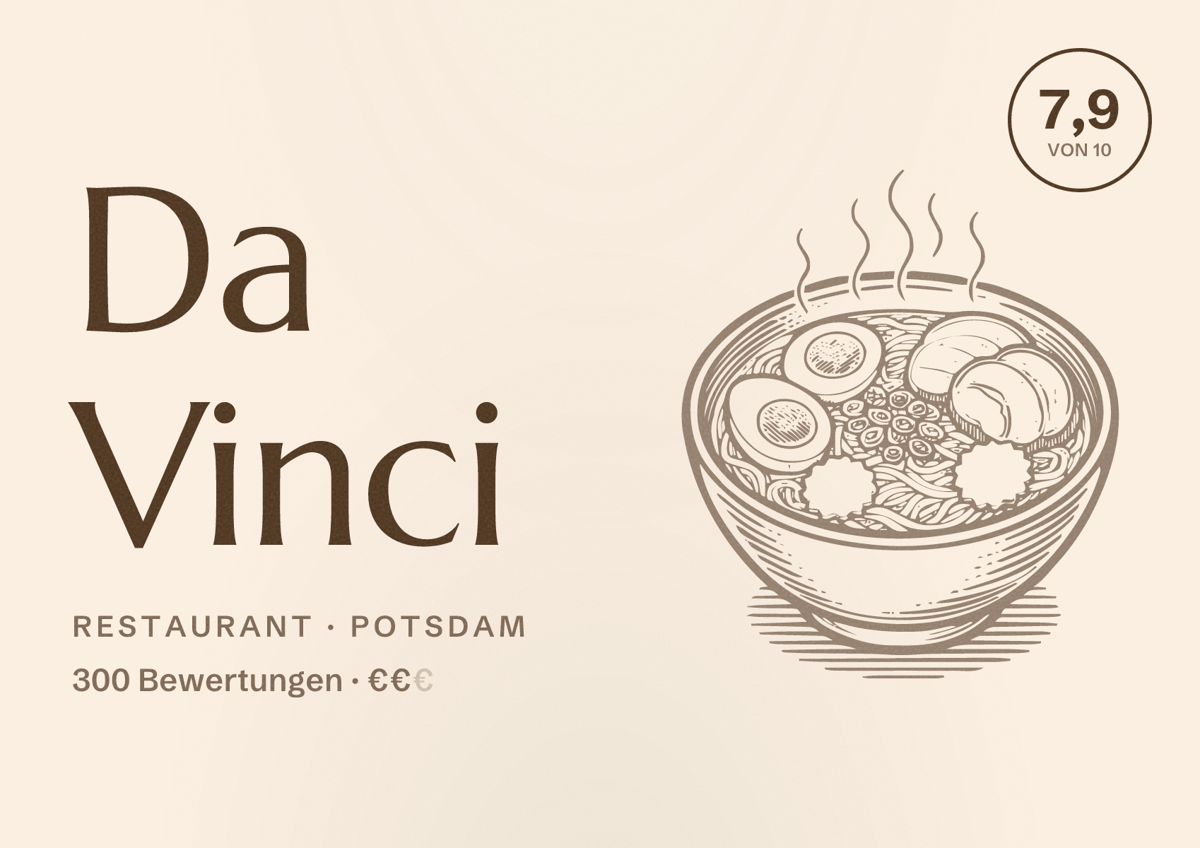 Illustriertes Poster von Da Vinci, Restaurant in Potsdam: Bewertung 7,9 von 10 aus 300 Bewertungen, Preisniveau €€