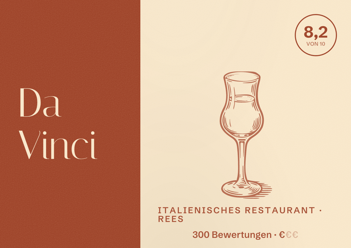 Illustriertes Poster von Da Vinci, Italienisches Restaurant in Rees: Bewertung 8,2 von 10 aus 300 Bewertungen, Preisniveau €