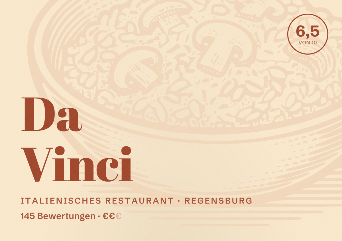 Illustriertes Poster von Da Vinci, Italienisches Restaurant in Regensburg: Bewertung 6,5 von 10 aus 145 Bewertungen, Preisniveau €€