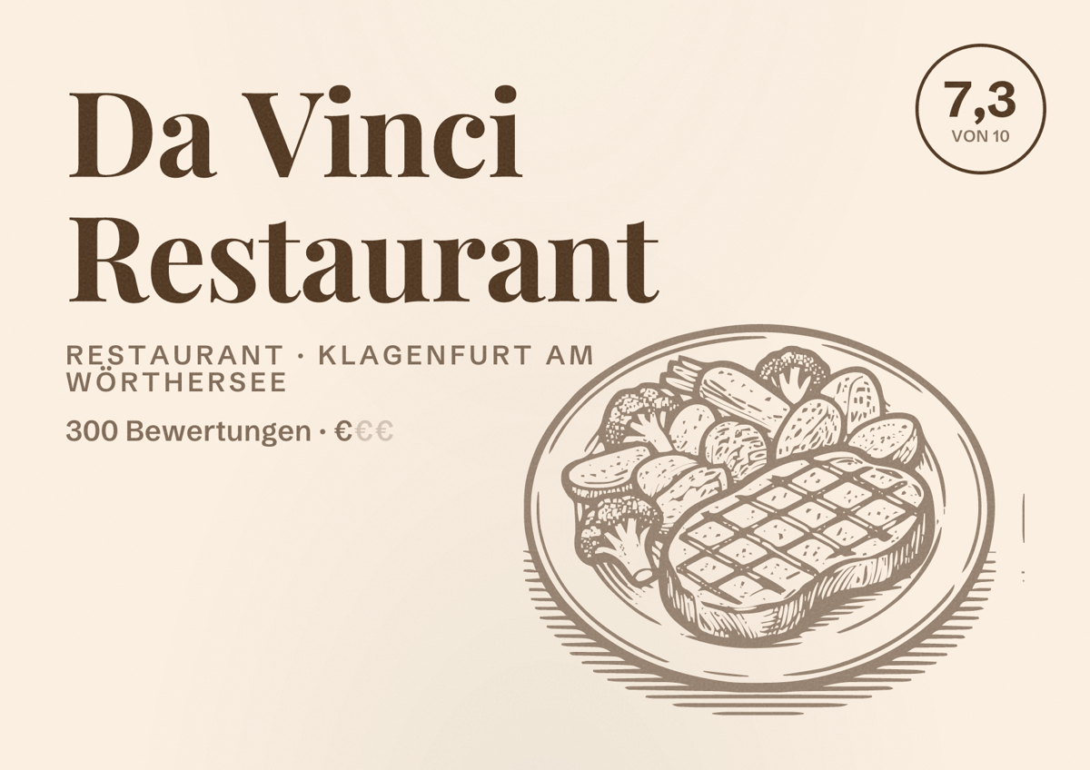 Illustriertes Poster von Da Vinci Restaurant, Restaurant in Klagenfurt am Wörthersee: Bewertung 7,3 von 10 aus 300 Bewertungen, Preisniveau €
