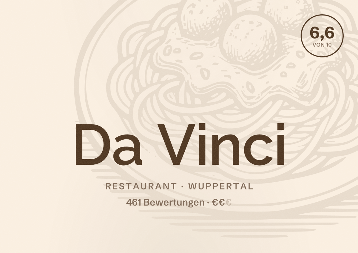 Illustriertes Poster von Da Vinci, Restaurant in Wuppertal: Bewertung 6,6 von 10 aus 461 Bewertungen, Preisniveau €€
