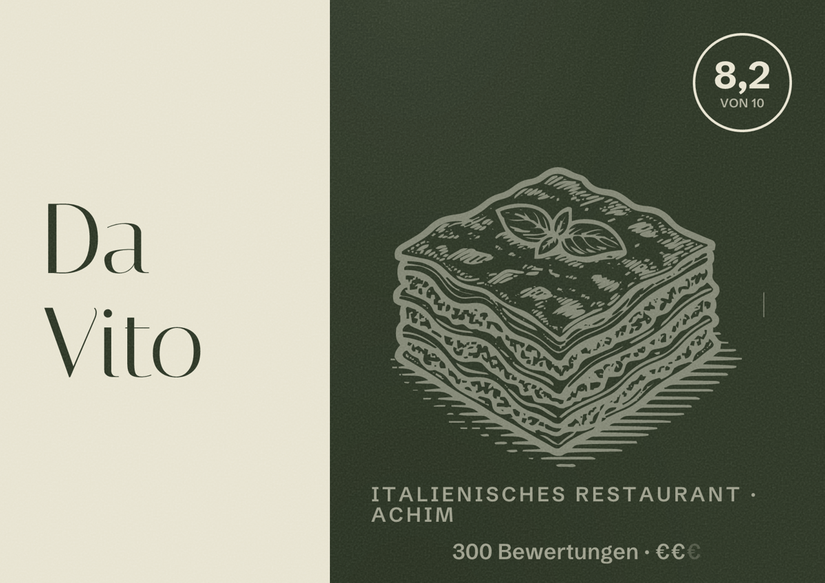 Illustriertes Poster von Da Vito, Italienisches Restaurant in Achim: Bewertung 8,2 von 10 aus 300 Bewertungen, Preisniveau €€