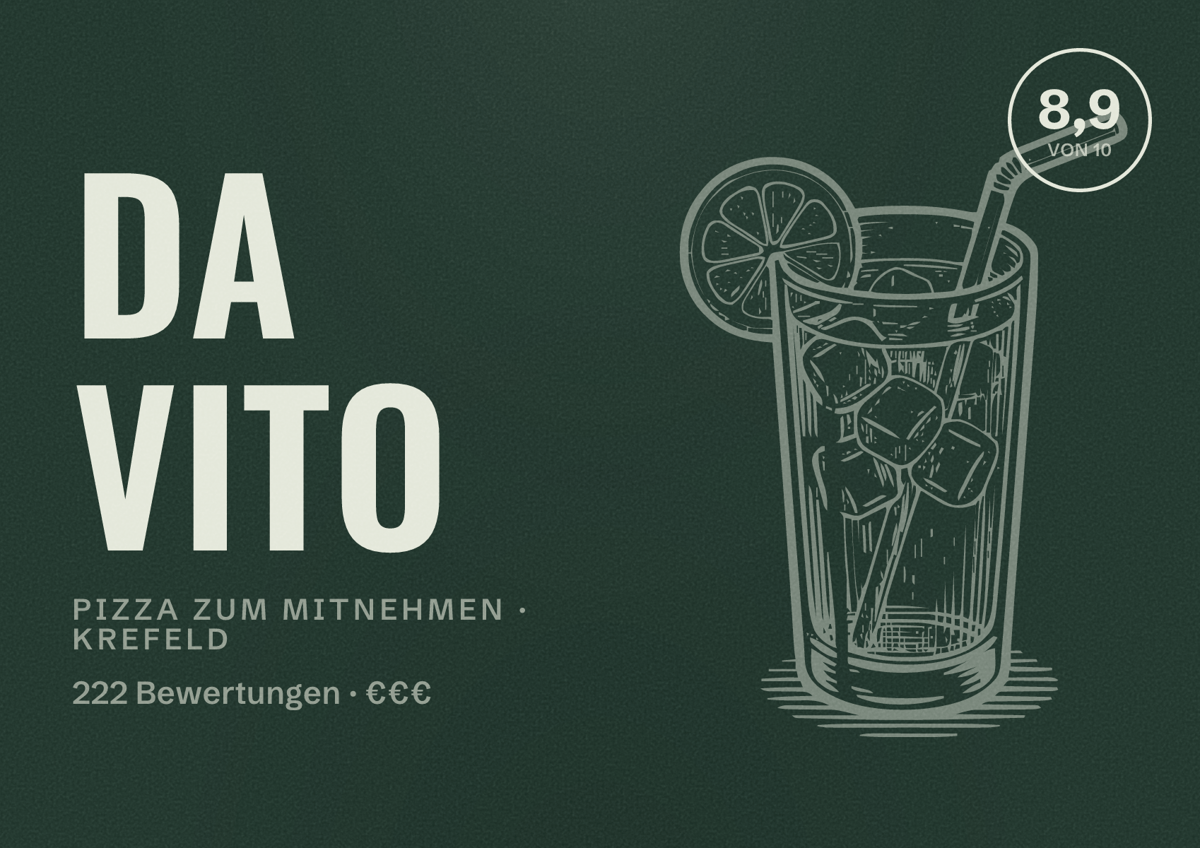 Illustriertes Poster von Da Vito, Pizza zum Mitnehmen in Krefeld: Bewertung 8,9 von 10 aus 222 Bewertungen, Preisniveau €€€