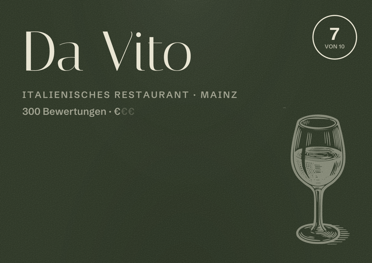 Illustriertes Poster von Da Vito, Italienisches Restaurant in Mainz: Bewertung 7,0 von 10 aus 300 Bewertungen, Preisniveau €