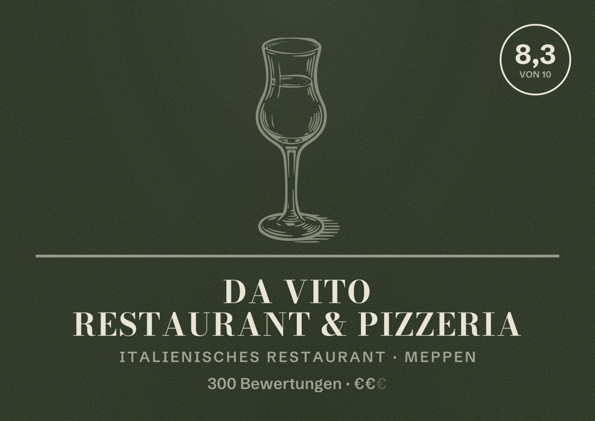 Illustriertes Poster von Da Vito Restaurant & Pizzeria, Italienisches Restaurant in Meppen: Bewertung 8,3 von 10 aus 300 Bewertungen, Preisniveau €€