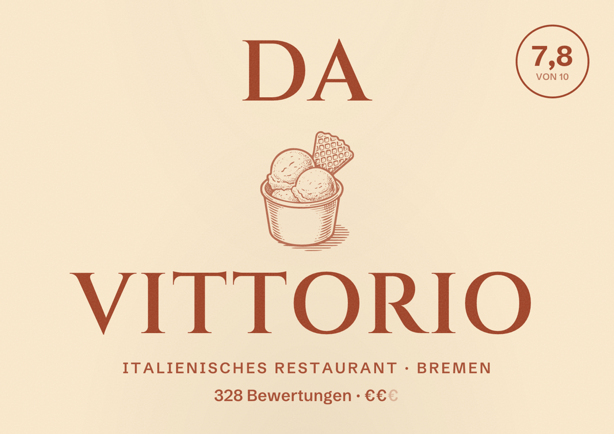 Illustriertes Poster von Da Vittorio, Italienisches Restaurant in Bremen: Bewertung 7,8 von 10 aus 328 Bewertungen, Preisniveau €€