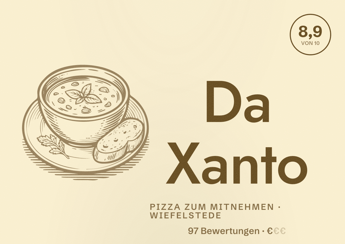Illustriertes Poster von Da Xanto, Pizza zum Mitnehmen in Wiefelstede: Bewertung 8,9 von 10 aus 97 Bewertungen, Preisniveau €