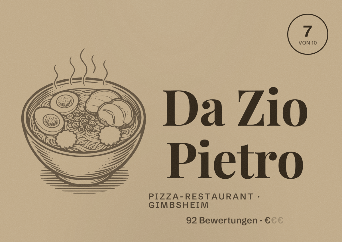 Illustriertes Poster von Da Zio Pietro, Pizza-Restaurant in Gimbsheim: Bewertung 7 von 10 aus 92 Bewertungen, Preisniveau €