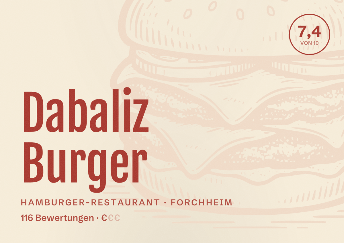 Illustriertes Poster von Dabaliz Burger, Hamburger-Restaurant in Forchheim: Bewertung 7,4 von 10 aus 116 Bewertungen, Preisniveau €