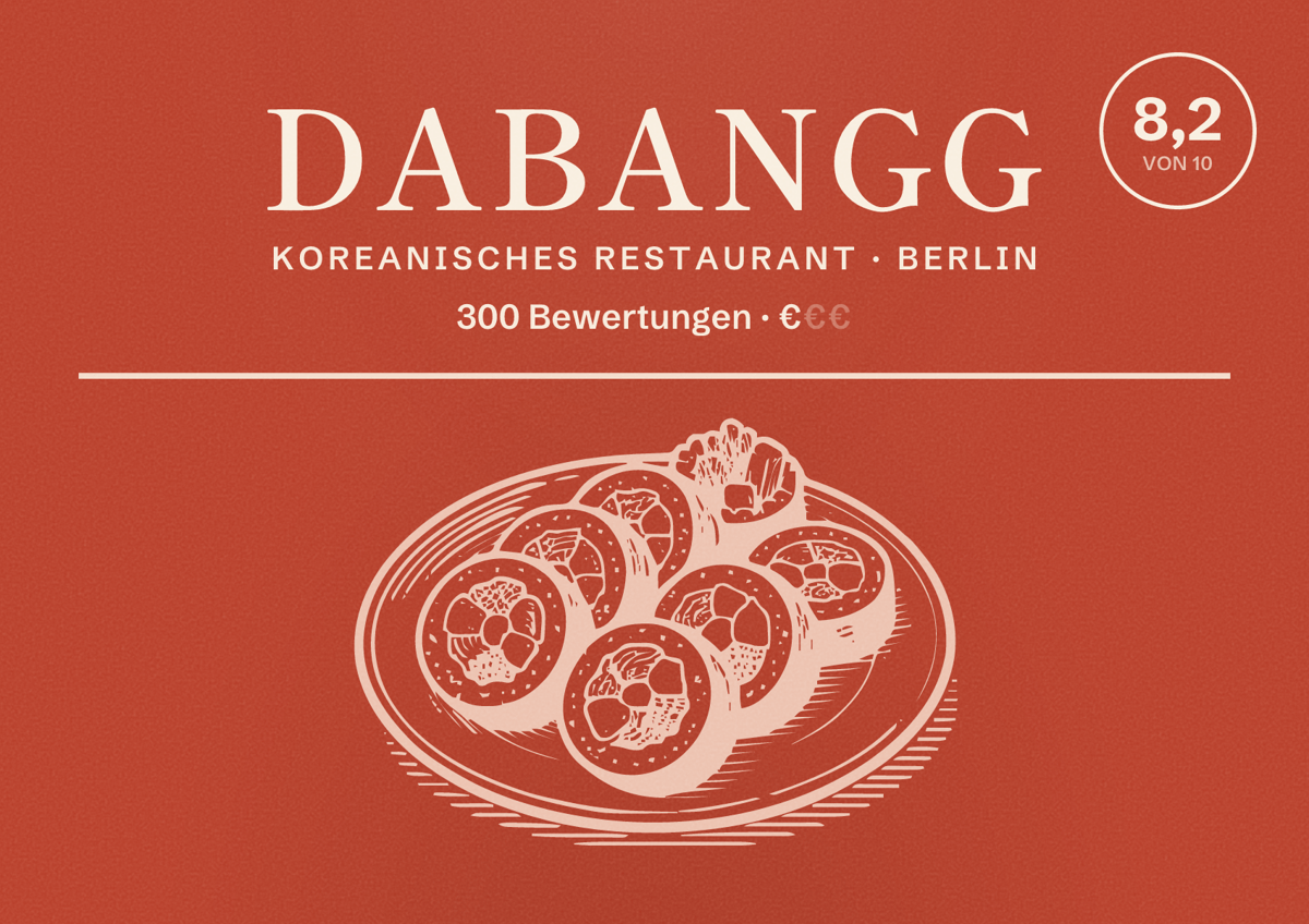 Illustriertes Poster von DaBangg, Koreanisches Restaurant in Berlin: Bewertung 8,2 von 10 aus 300 Bewertungen, Preisniveau €