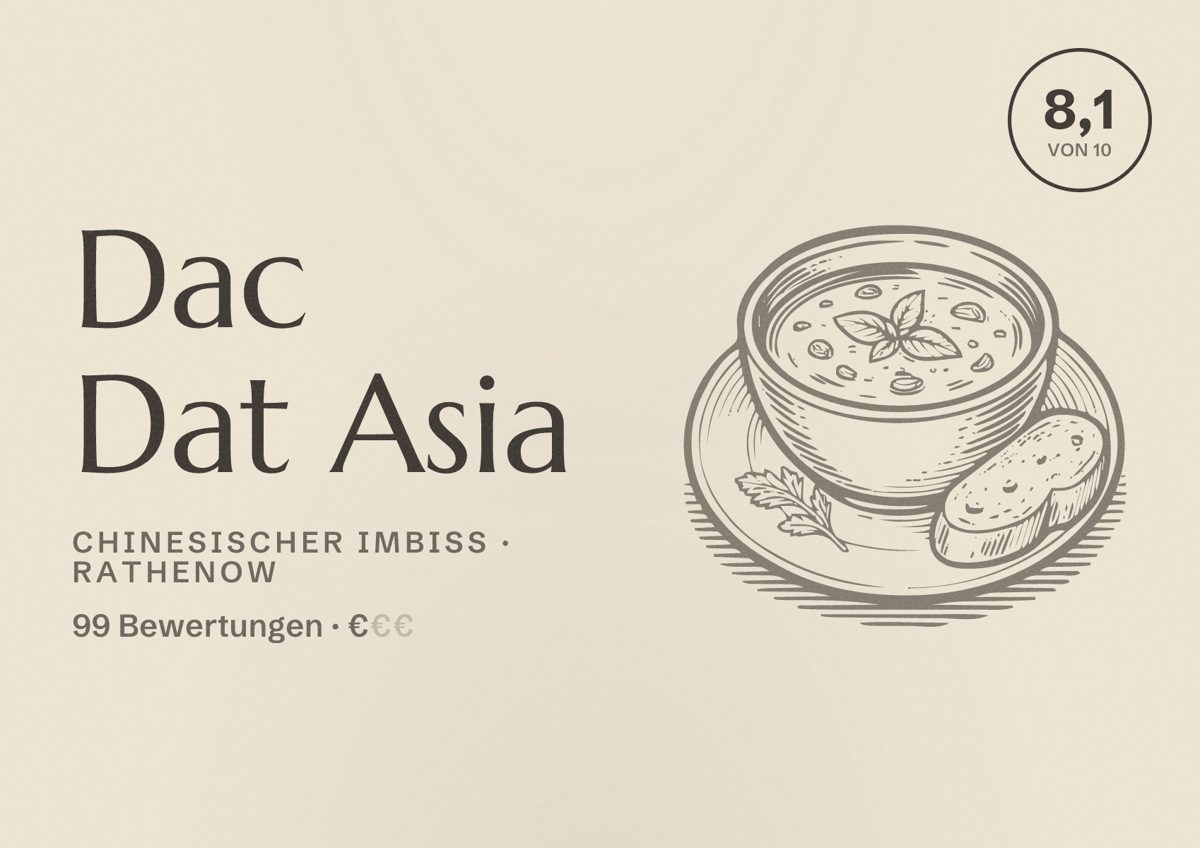 Illustriertes Poster von Dac Dat Asia, Chinesischer Imbiss in Rathenow: Bewertung 8,1 von 10 aus 99 Bewertungen, Preisniveau €