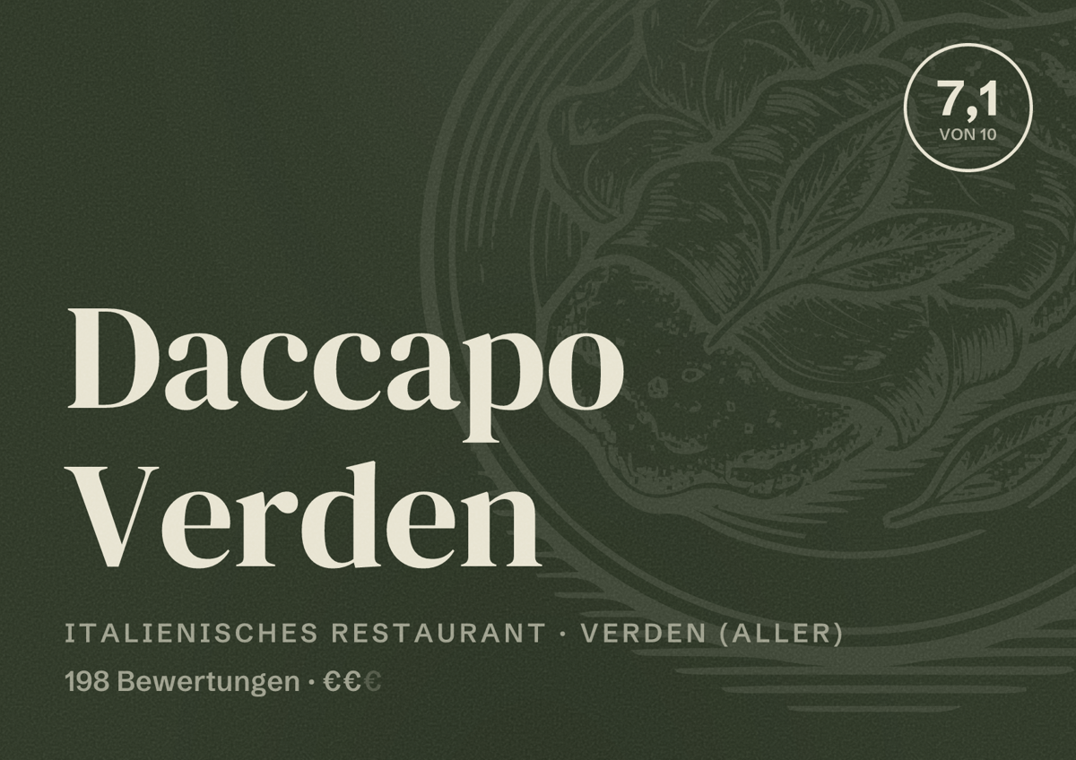 Illustriertes Poster von Daccapo Verden, Italienisches Restaurant in Verden (Aller): Bewertung 7,1 von 10 aus 198 Bewertungen, Preisniveau €€