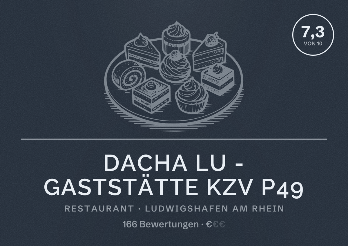 Illustriertes Poster von Dacha Lu - Gaststätte KZV P49, Restaurant in Ludwigshafen am Rhein: Bewertung 7,3 von 10 aus 166 Bewertungen, Preisniveau €